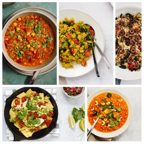 Afbeelding met 5 foto's van plantaardige recepten met veel eiwitten