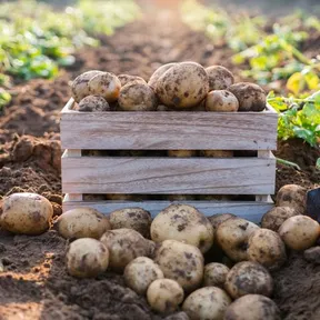 Stockfoto van een krat aardappelen op het land
